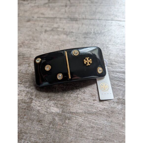 TORY BURCH Kira Black Domino Gold Logo Studded Barrette Hair Clip main image 4